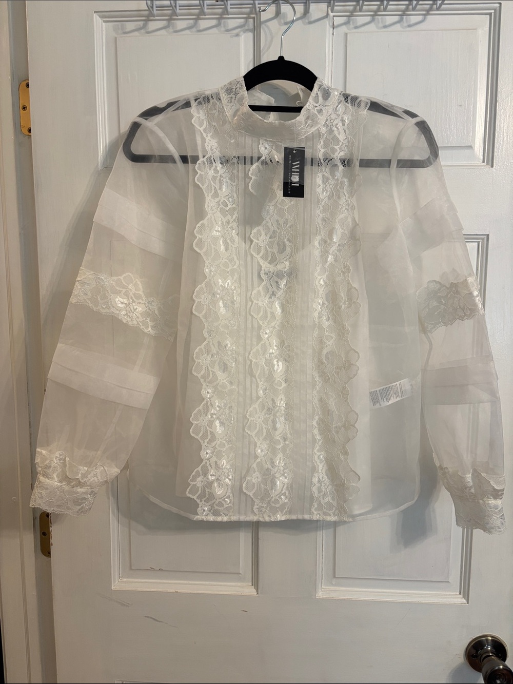 White House Black Market ecru Sheer Lace-Trim High-Neck Blouse